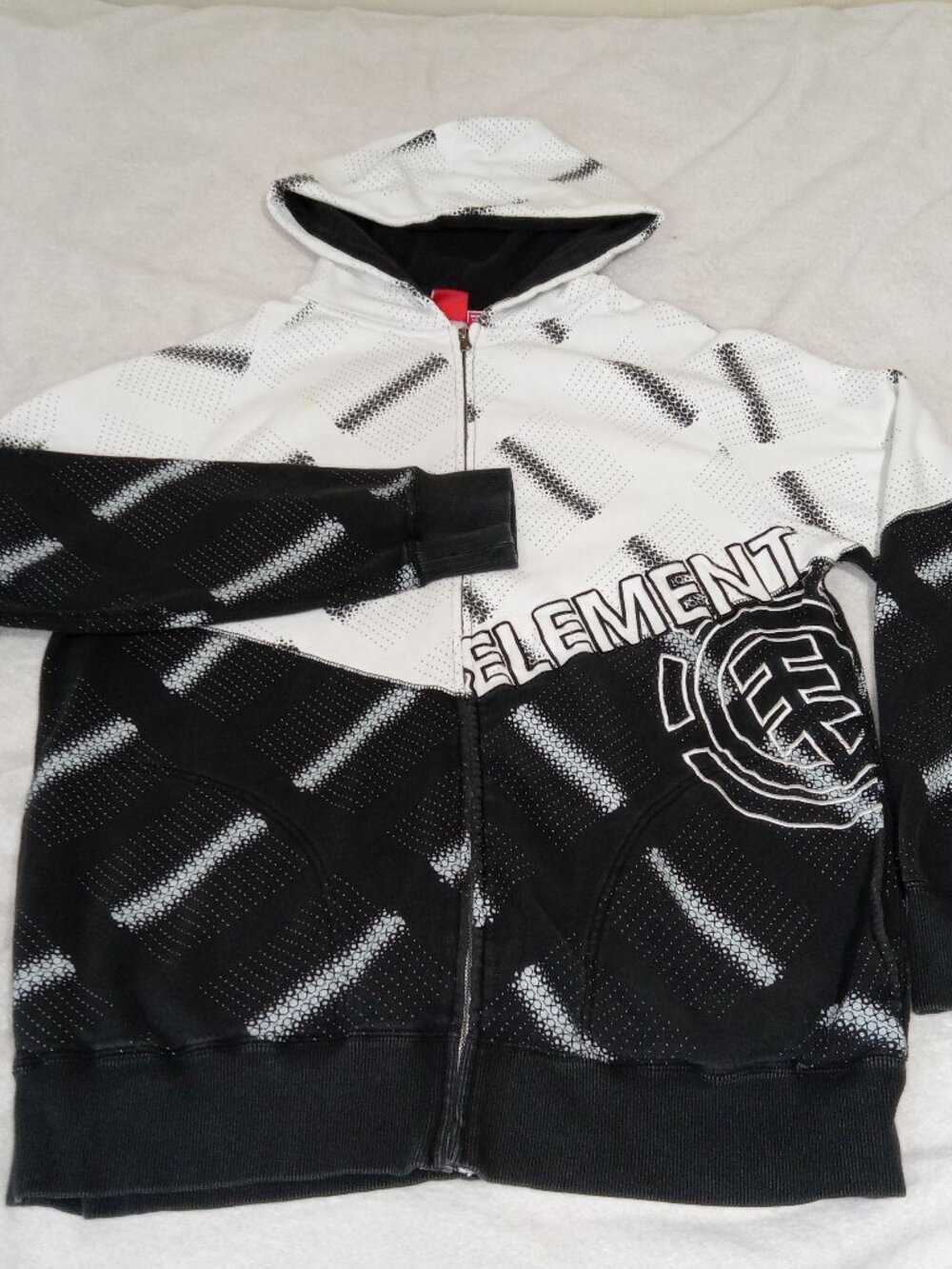 Vintage Element Embroidered Hoodie Full Zip Up Fleece Lined Y2K White Size L